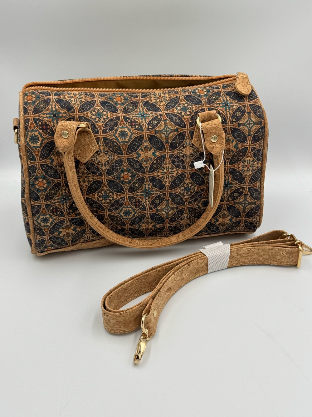 Be Clever Cork Mosaic Barrel Satchel Bag Crossbody Vegan Cork Purse NWT